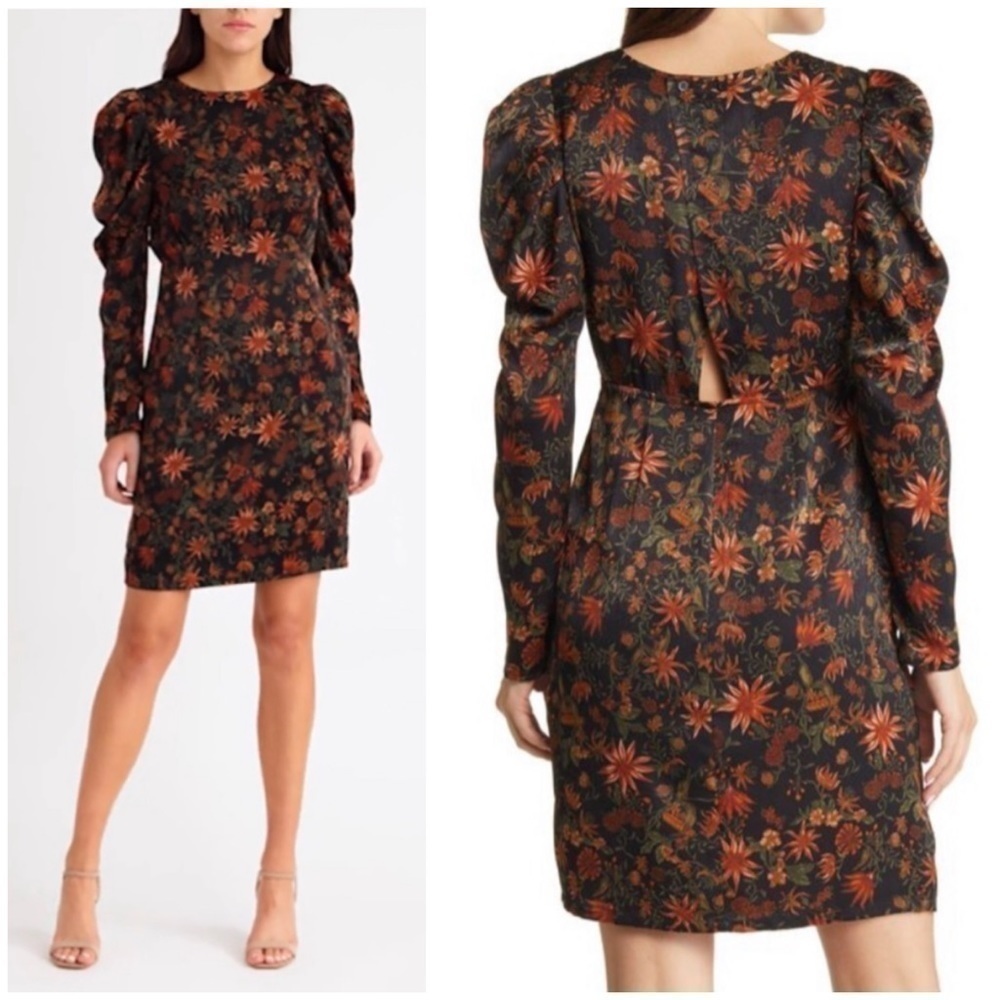 New Chelsea 28 Long Sleeve Floral Satin Mini Dress Puff Sleeve Sz M